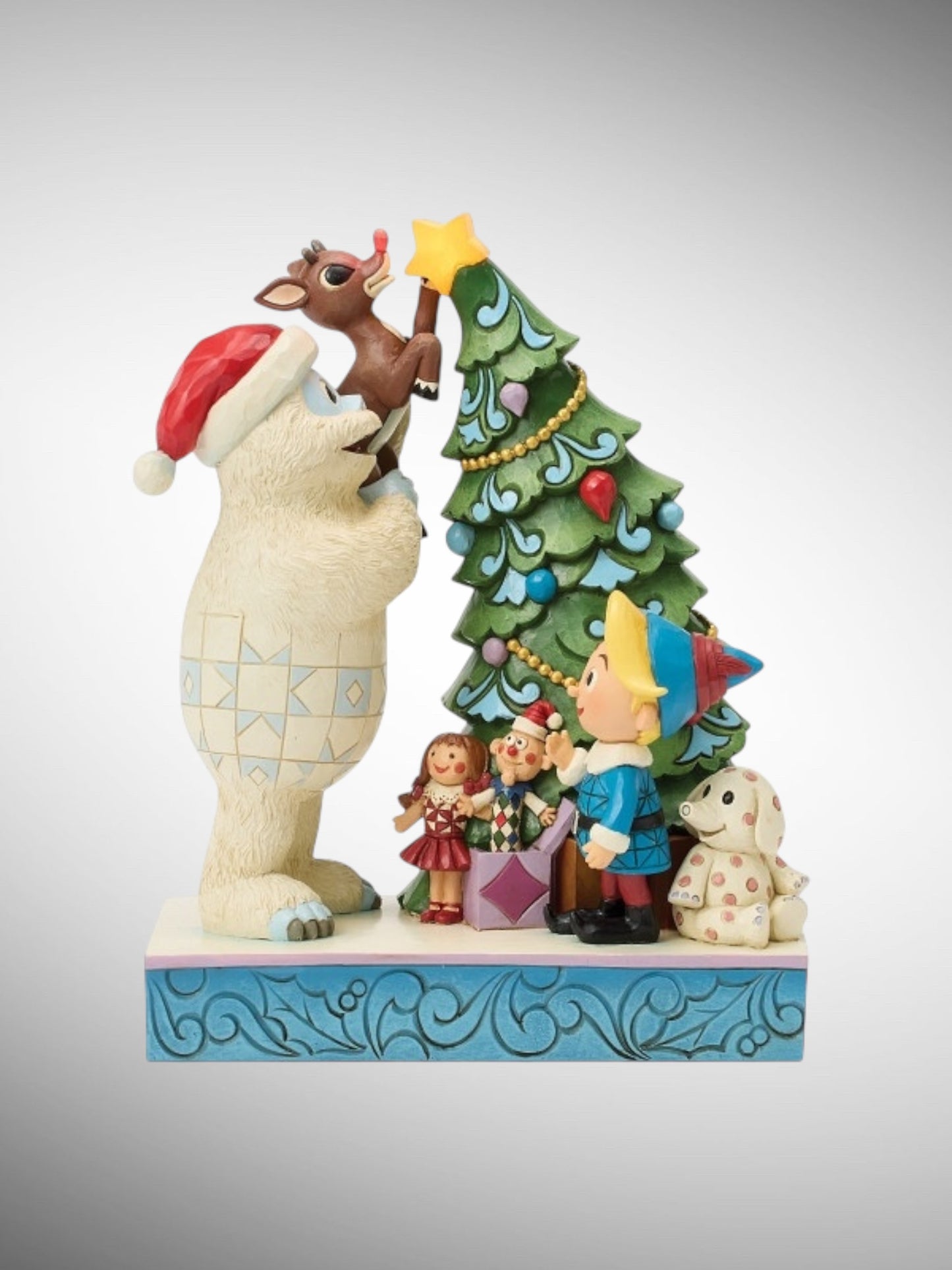 Jim Shore Rudolph Traditions - Bumble Holding Rudolph by Tree Figurine - PREORDER