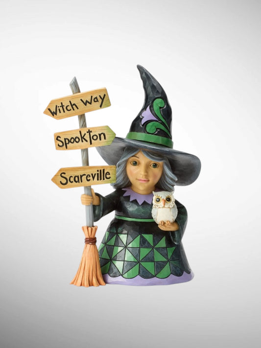 Jim Shore Heartwood Creek - Witch Way? Good Witch with Broom Sign Halloween Figurine
