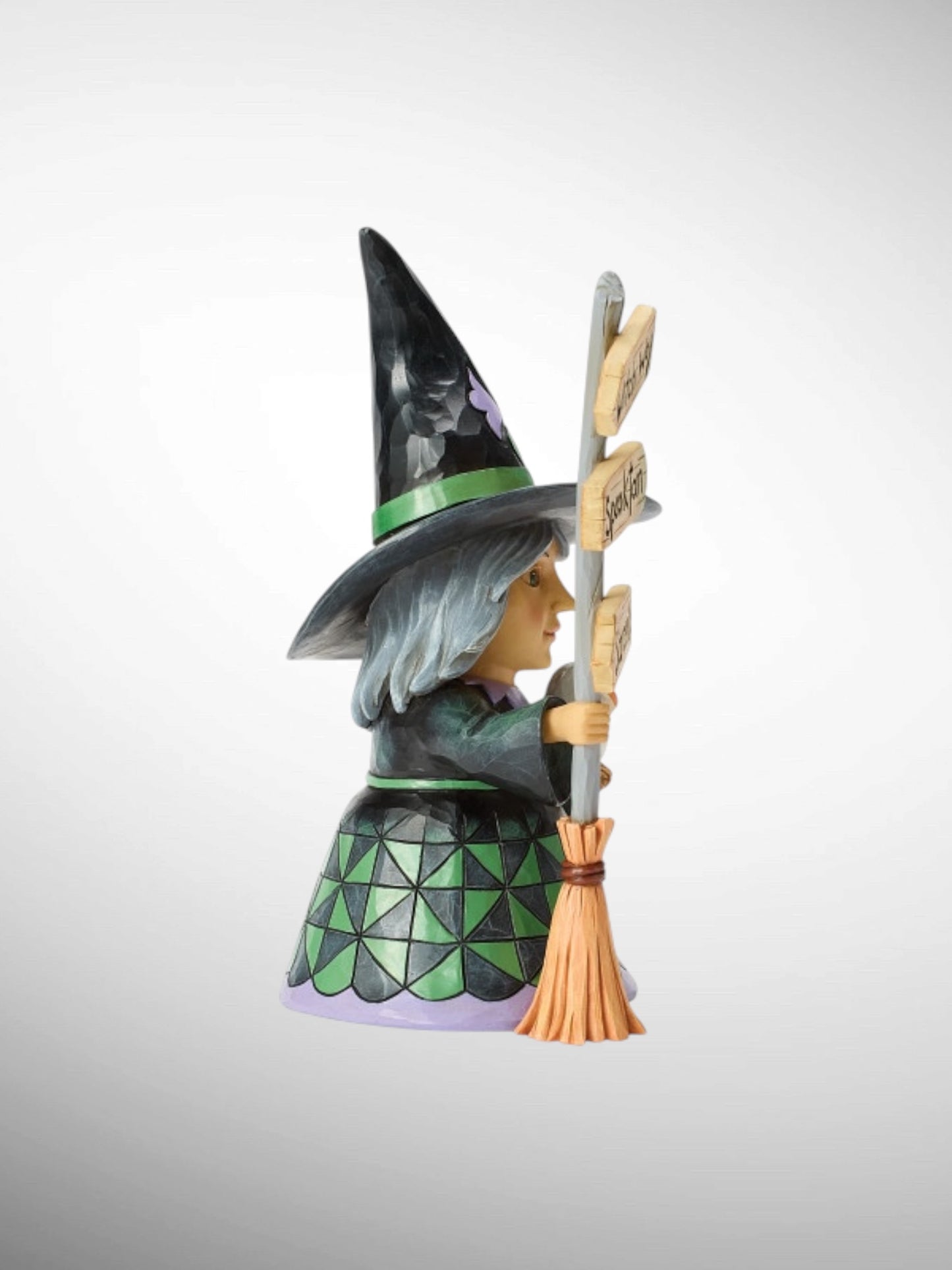 Jim Shore Heartwood Creek - Witch Way? Good Witch with Broom Sign Halloween Figurine