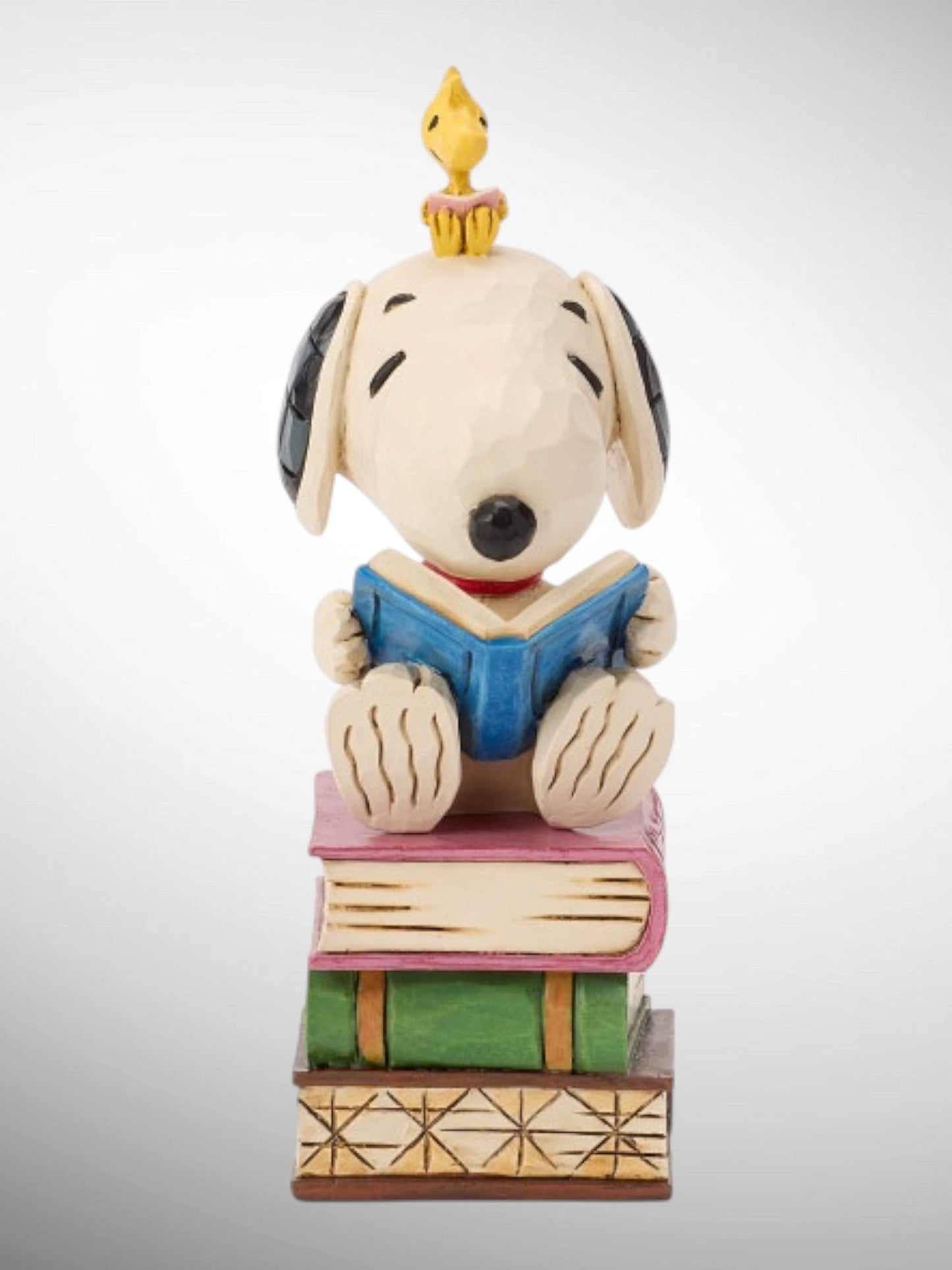 Jim Shore Peanuts - My Week Is Fully Booked Snoopy Woodstock on stacked books Figurine - PREORDER