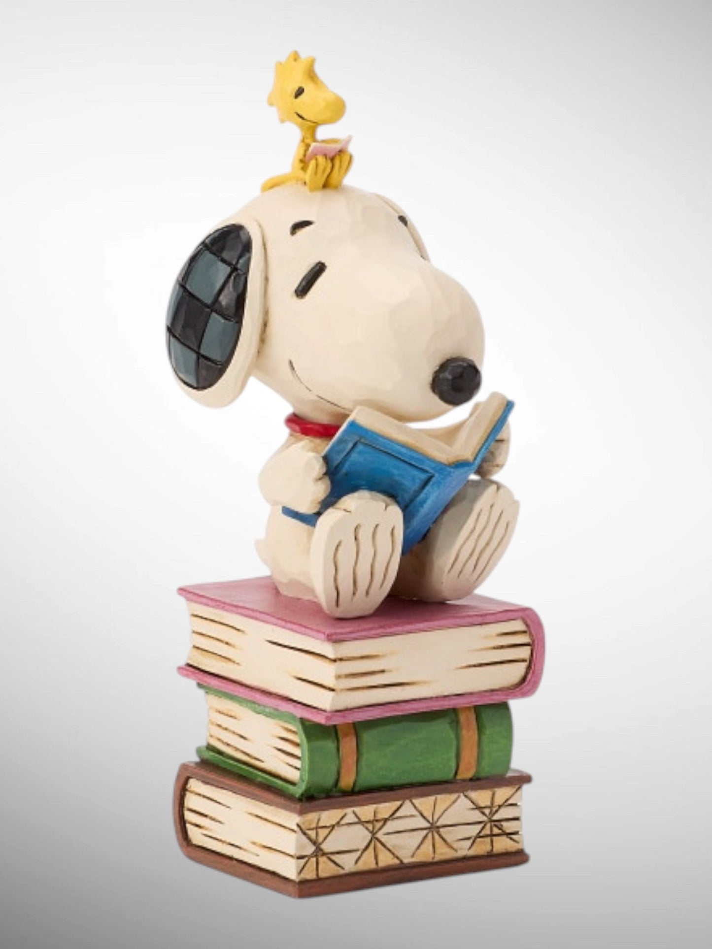 Jim Shore Peanuts - My Week Is Fully Booked Snoopy Woodstock on stacked books Figurine - PREORDER