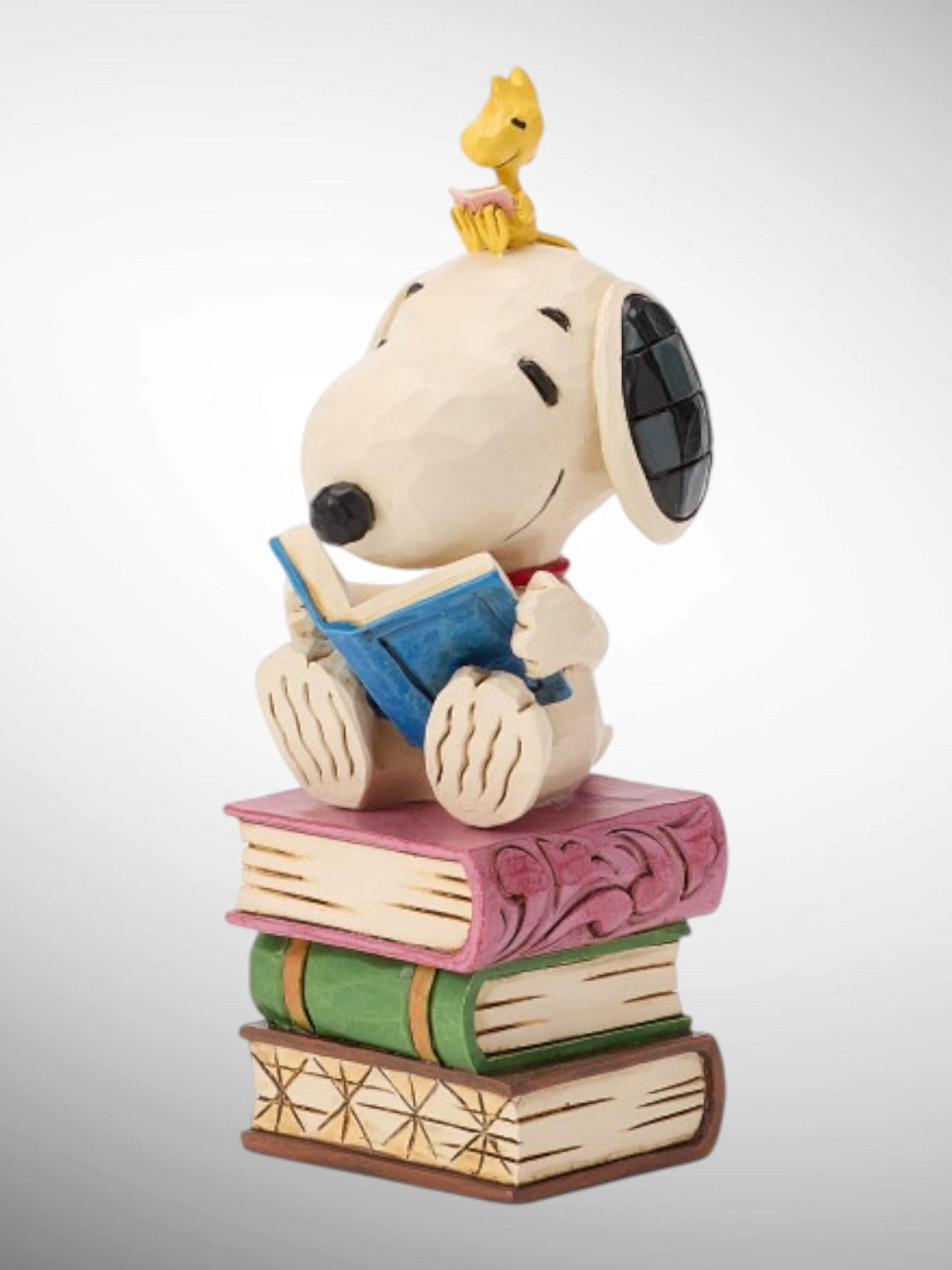 Jim Shore Peanuts - My Week Is Fully Booked Snoopy Woodstock on stacked books Figurine - PREORDER