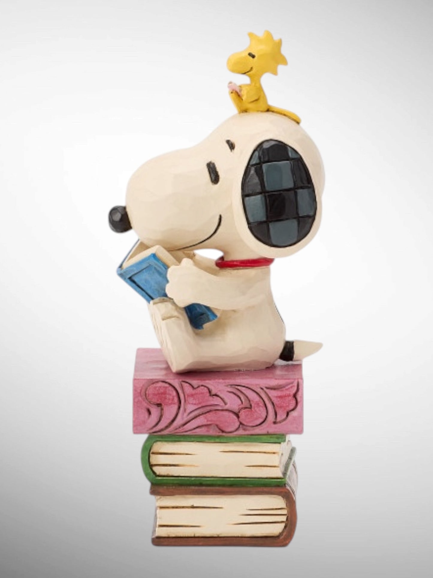 Jim Shore Peanuts - My Week Is Fully Booked Snoopy Woodstock on stacked books Figurine - PREORDER