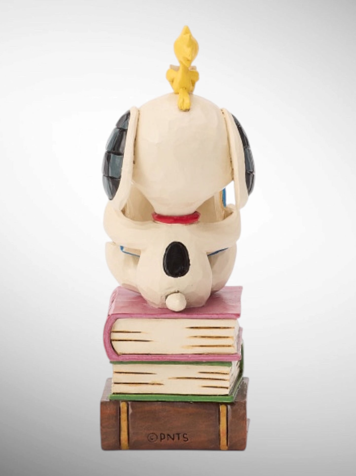 Jim Shore Peanuts - My Week Is Fully Booked Snoopy Woodstock on stacked books Figurine - PREORDER