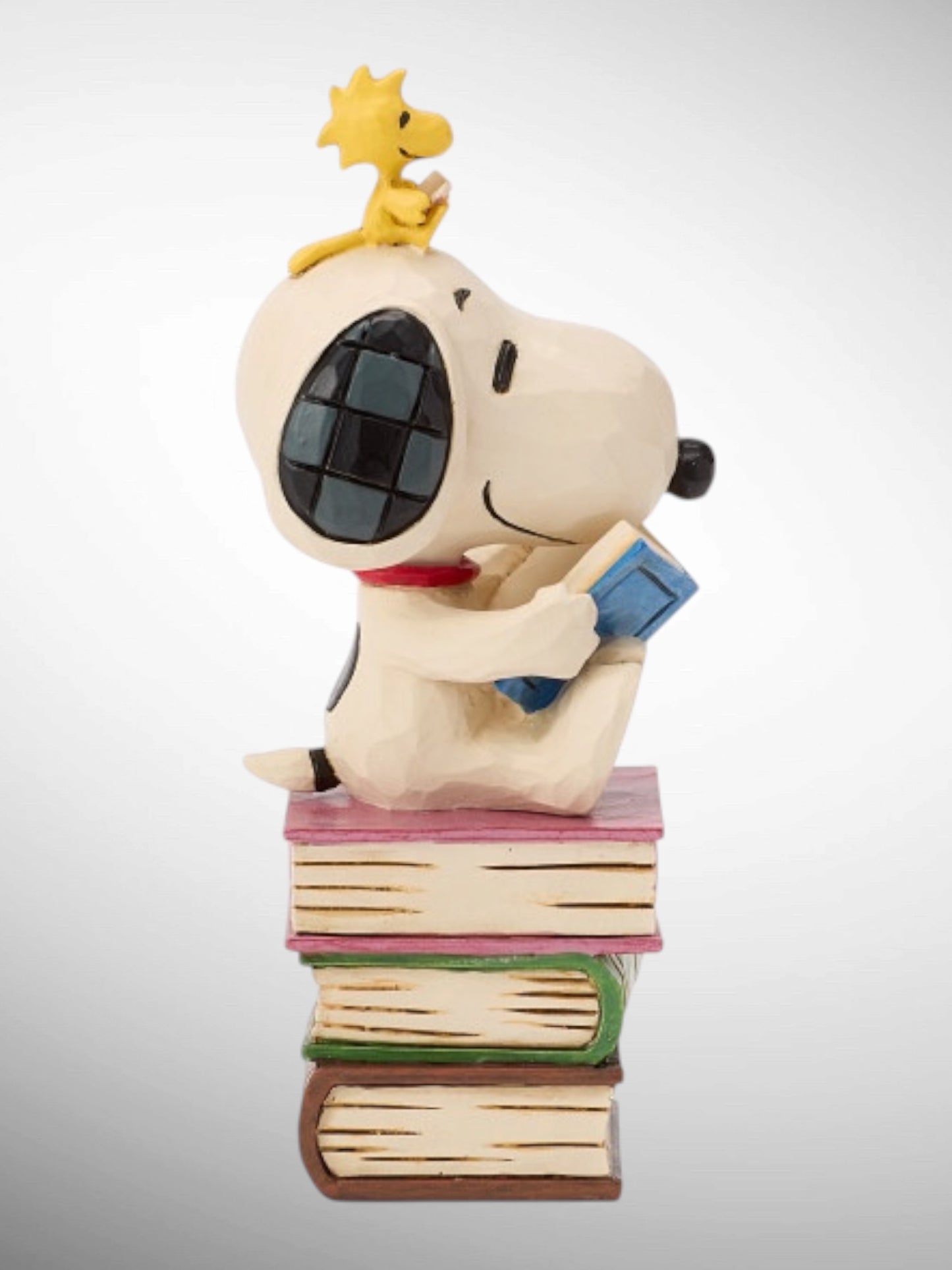 Jim Shore Peanuts - My Week Is Fully Booked Snoopy Woodstock on stacked books Figurine - PREORDER