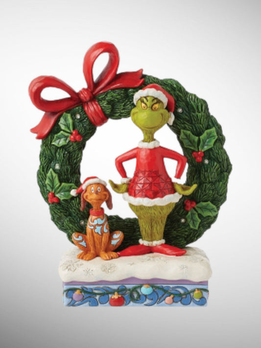 Jim Shore Dr. Seuss The Grinch - Grinch and Max in Wreath Figurine - PREORDER