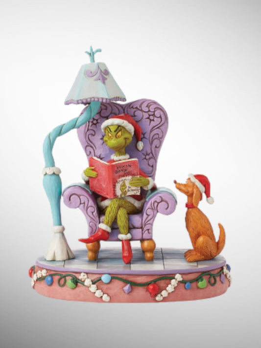 Jim Shore Dr. Seuss The Grinch - Grinch in Large Chair with Light-Up Lamp Figurine - PREORDER