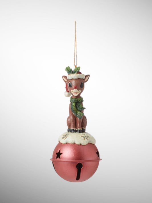 Jim Shore Rudolph Traditions - Rudolph Standing on Bell Hanging Ornament - PREORDER