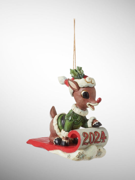 Jim Shore Rudolph Traditions - Dated 2024 Rudolph in Sled Hanging Ornament