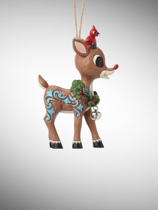 Jim Shore Rudolph Traditions - Rudolph with Wreath Around Neck Hanging Ornament - PREORDER