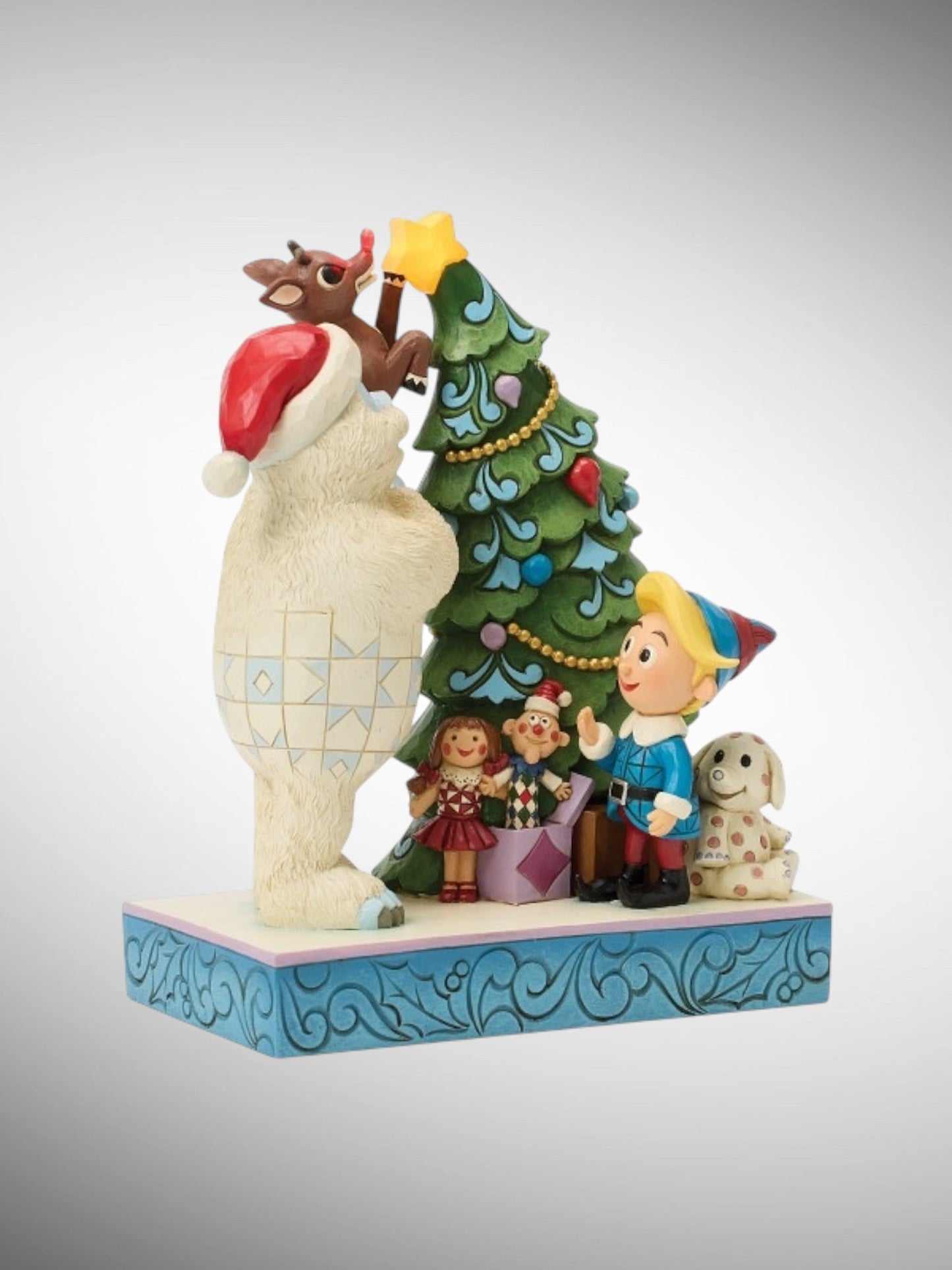 Jim Shore Rudolph Traditions - Bumble Holding Rudolph by Tree Figurine - PREORDER