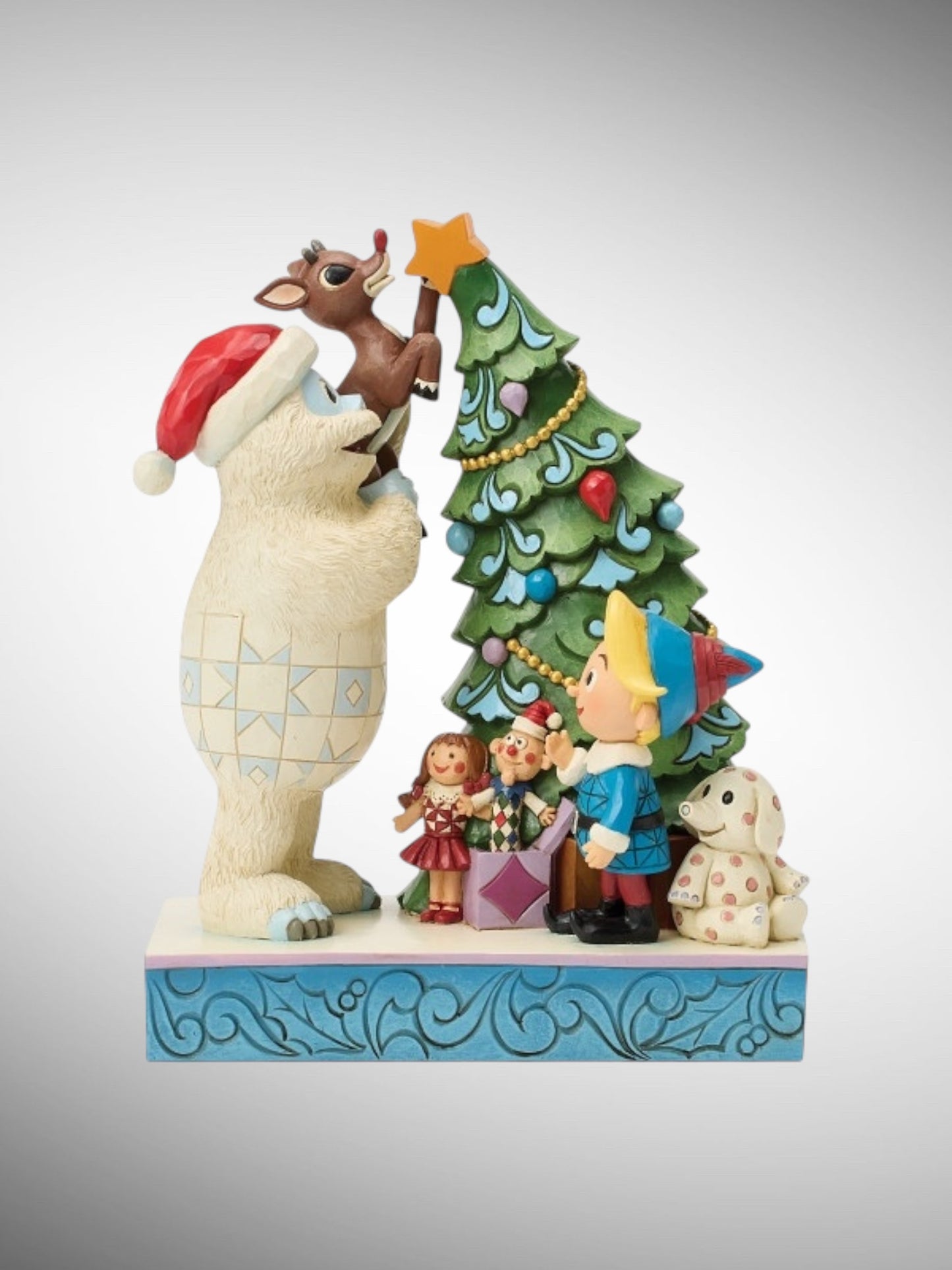 Jim Shore Rudolph Traditions - Bumble Holding Rudolph by Tree Figurine - PREORDER