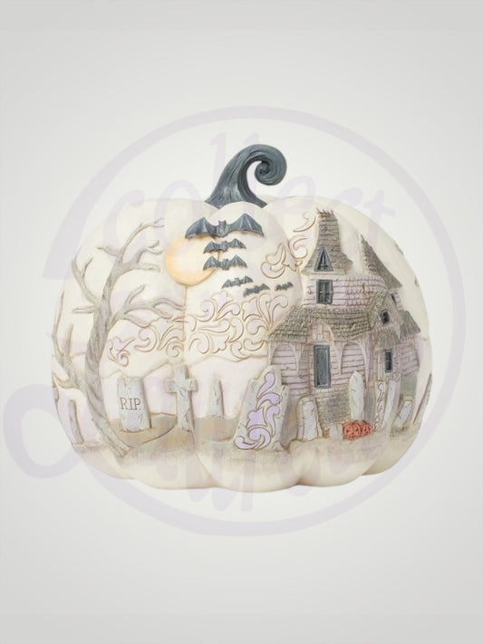 Jim Shore Heartwood Creek - A Little Batty Halloween White Pumpkin Figurine - PREORDER