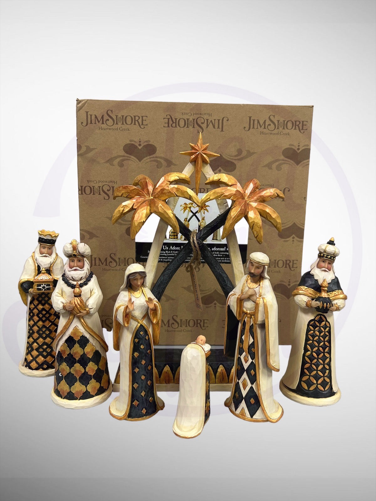 Jim Shore Heartwood Creek - Let Us Adore Him Black and Gold 7 Piece Christmas Nativity Figurines