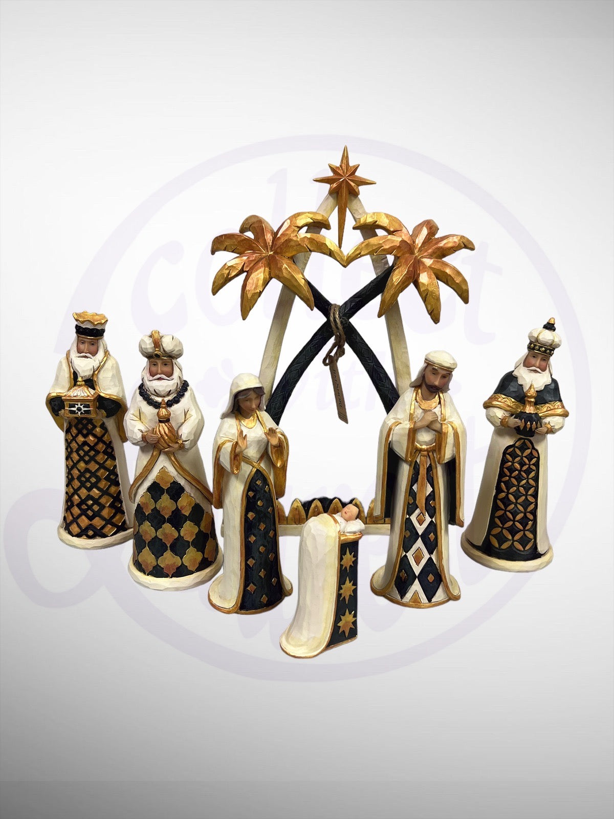 Jim Shore Heartwood Creek - Let Us Adore Him Black and Gold 7 Piece Christmas Nativity Figurines